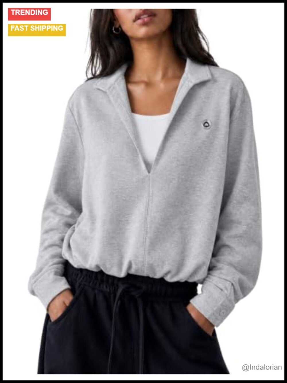 Boxy Deep V Neck Pullover Sweatshirt Ruched Hem Drop Shoulder
